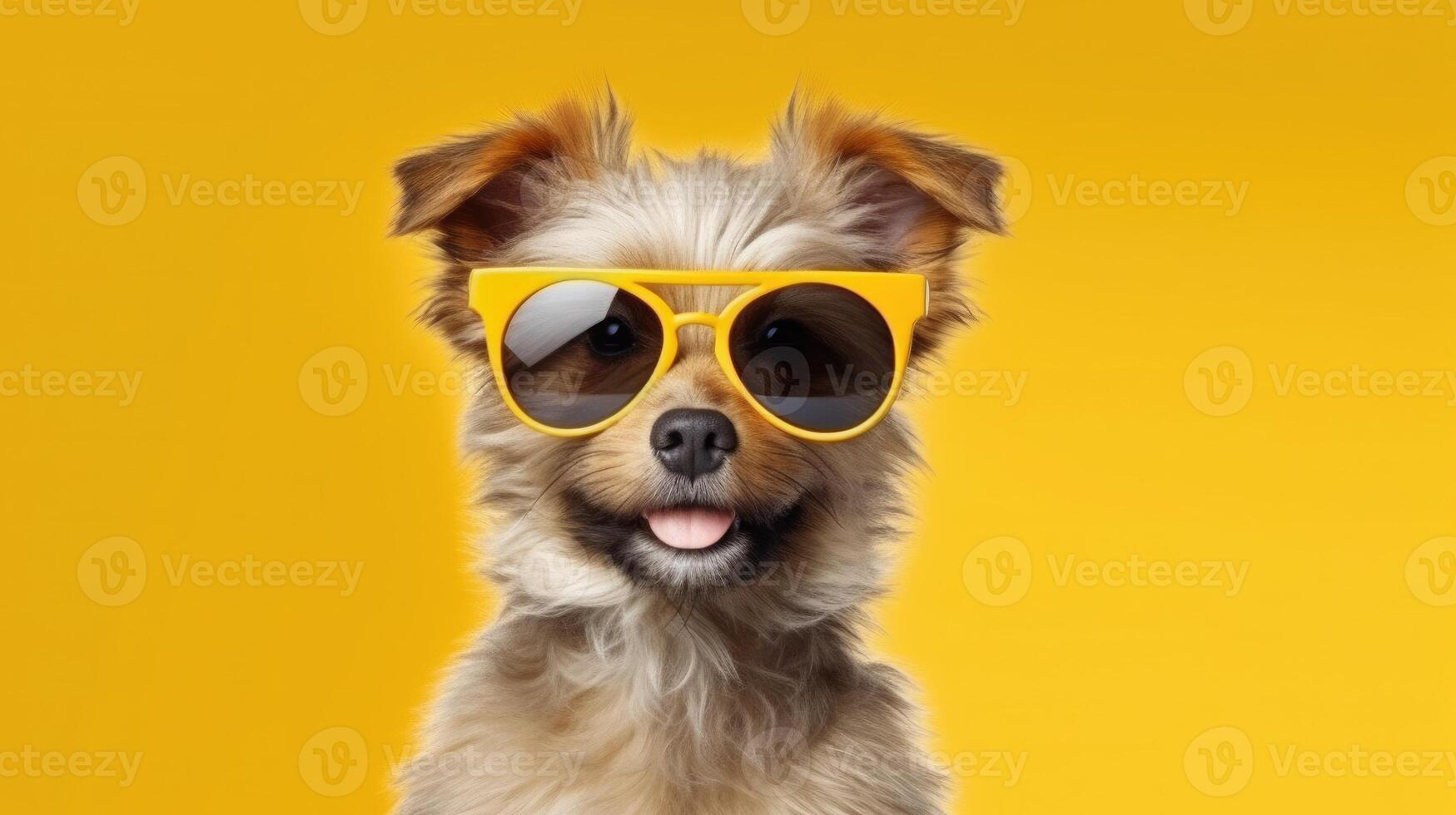 contento perrito perro retrato vistiendo verano Gafas de sol y mirando a cámara aislado en amarillo degradado estudio antecedentes. ai generado foto