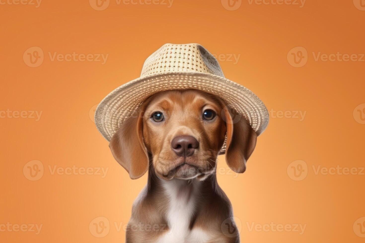 contento perrito perro retrato vistiendo verano Gafas de sol y mirando a cámara aislado en naranja degradado estudio antecedentes. ai generado foto