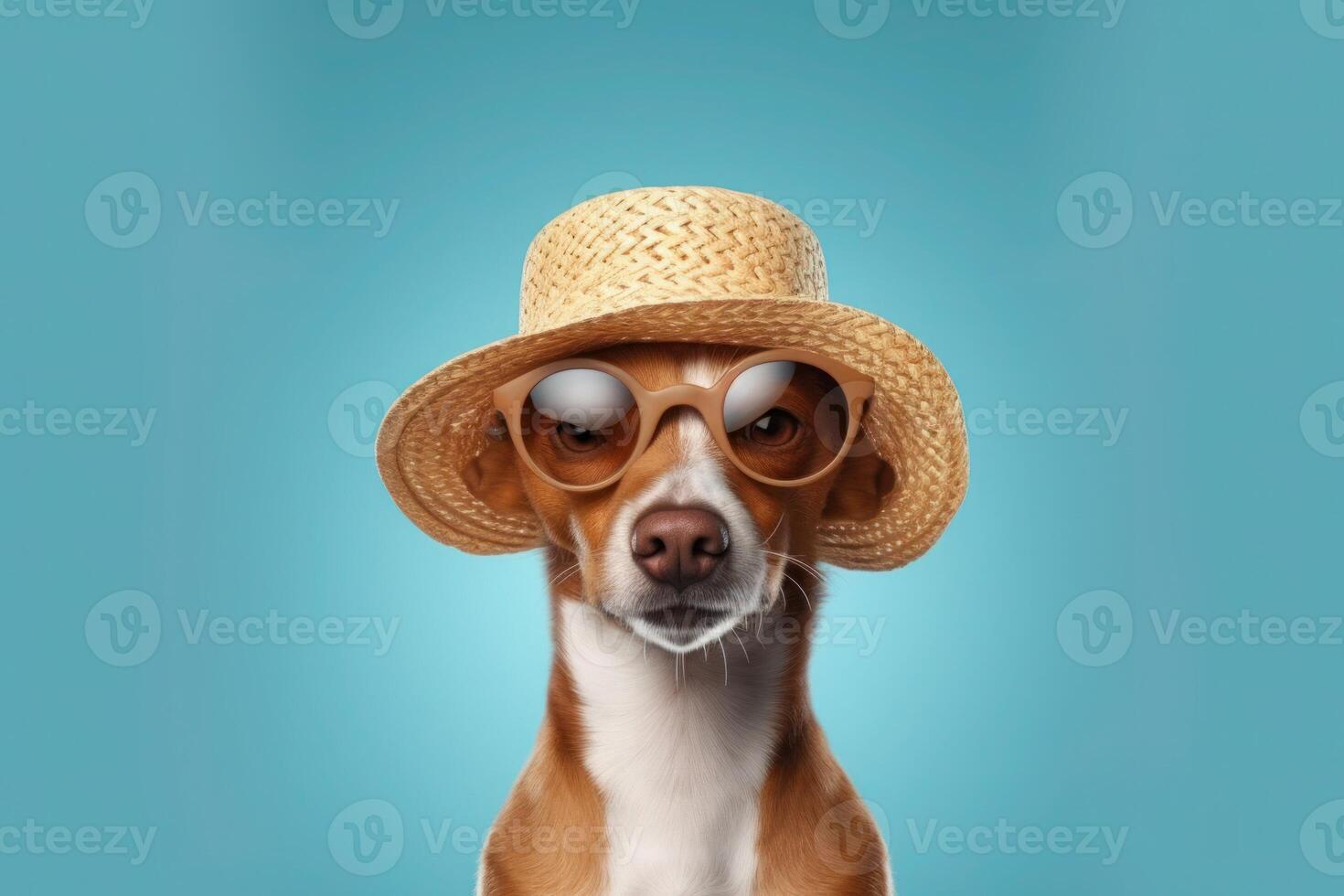 Happy Puppy Dog Portrait wearing summer sunglasses and hat looking at camera isolated on blue gradient studio background. photo