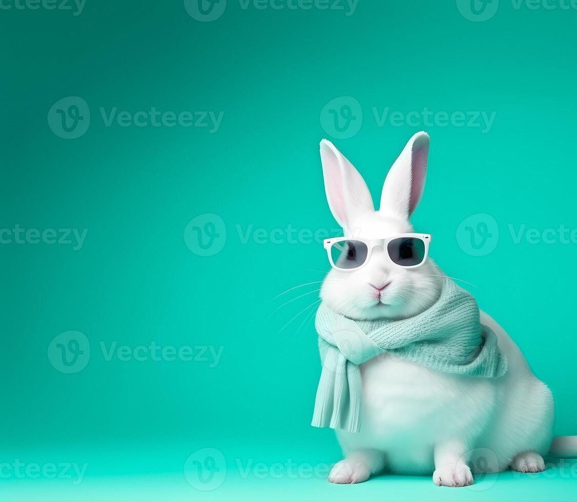 Adorable white rabbit with eyeglasses and fashionable dress. photo