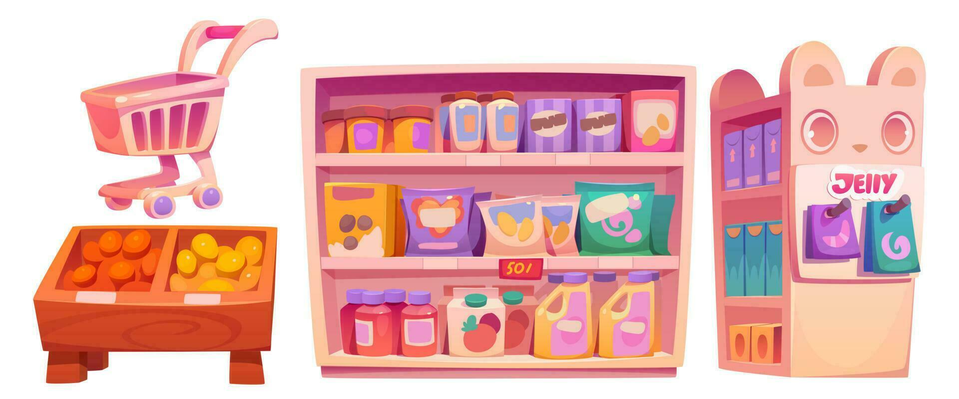 Grocery store with cute shelf in kawaii style vector