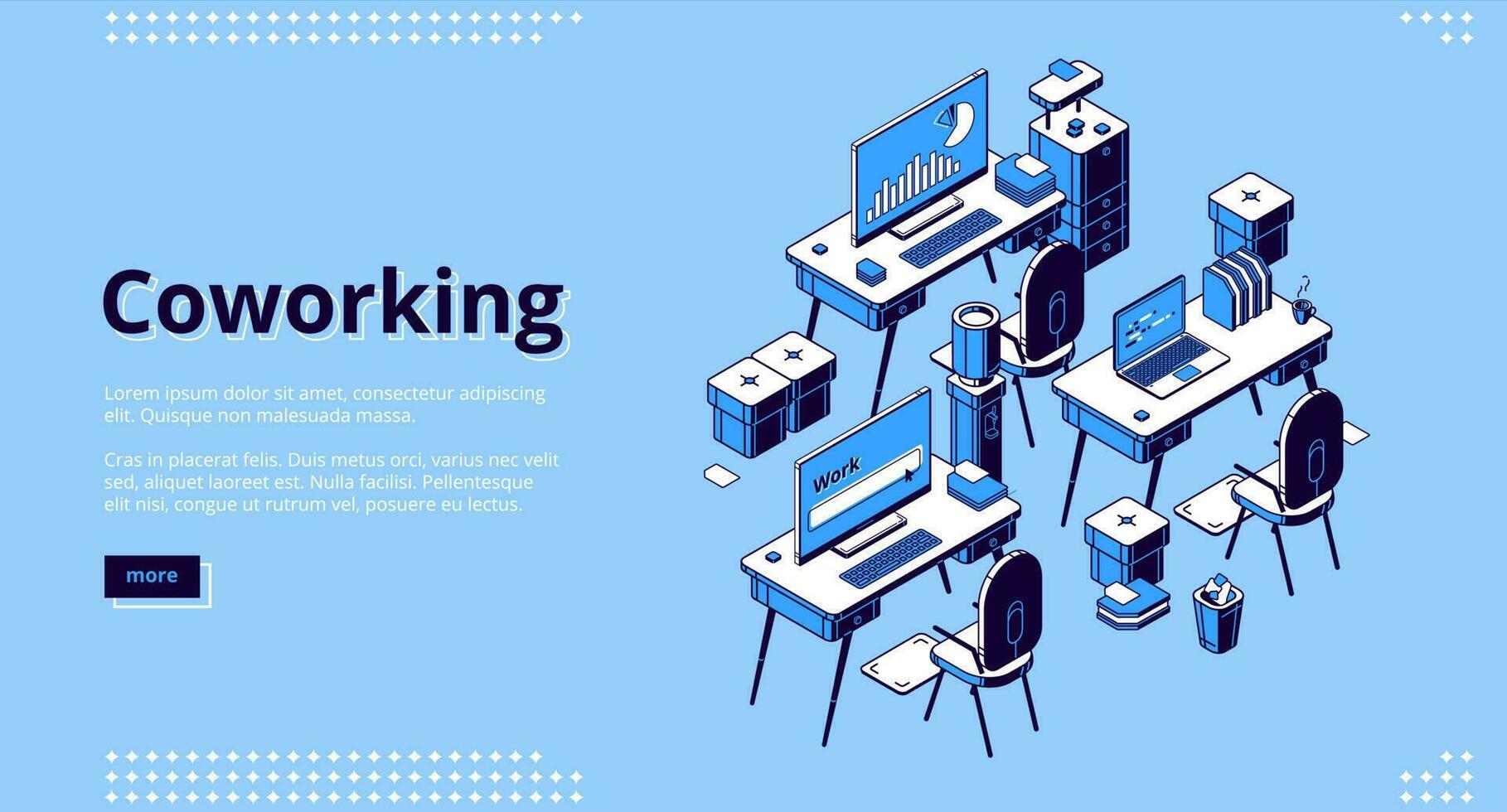 Coworking space isometric landing page. Teamwork vector
