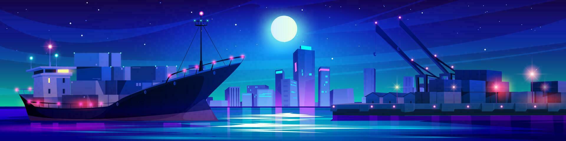 Night port with cargo container and ship vector