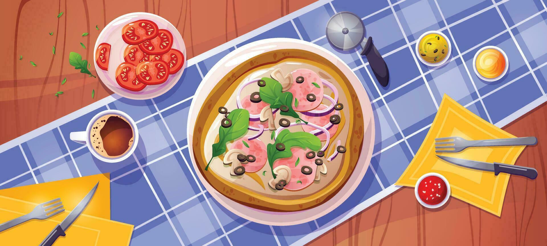 Top view of cartoon pizza on wooden table vector