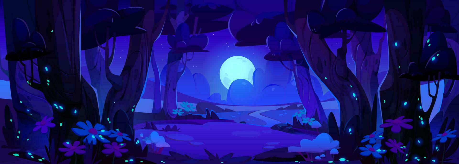 Night forest vector landscape scene with firefly