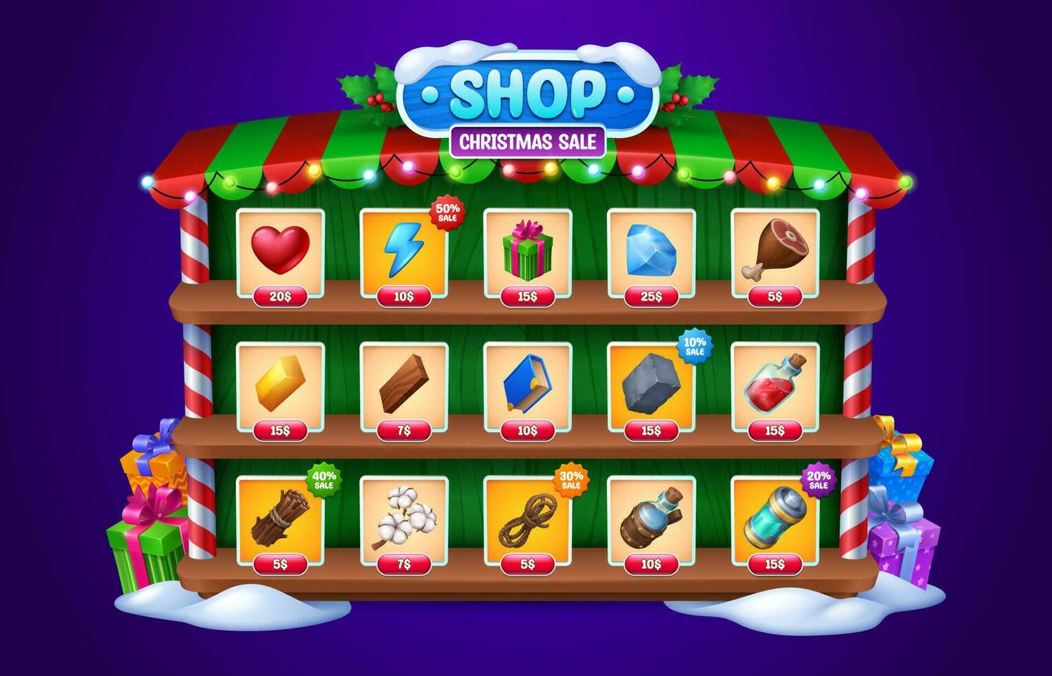 Christmas winter sale ui game shop frame with snow vector