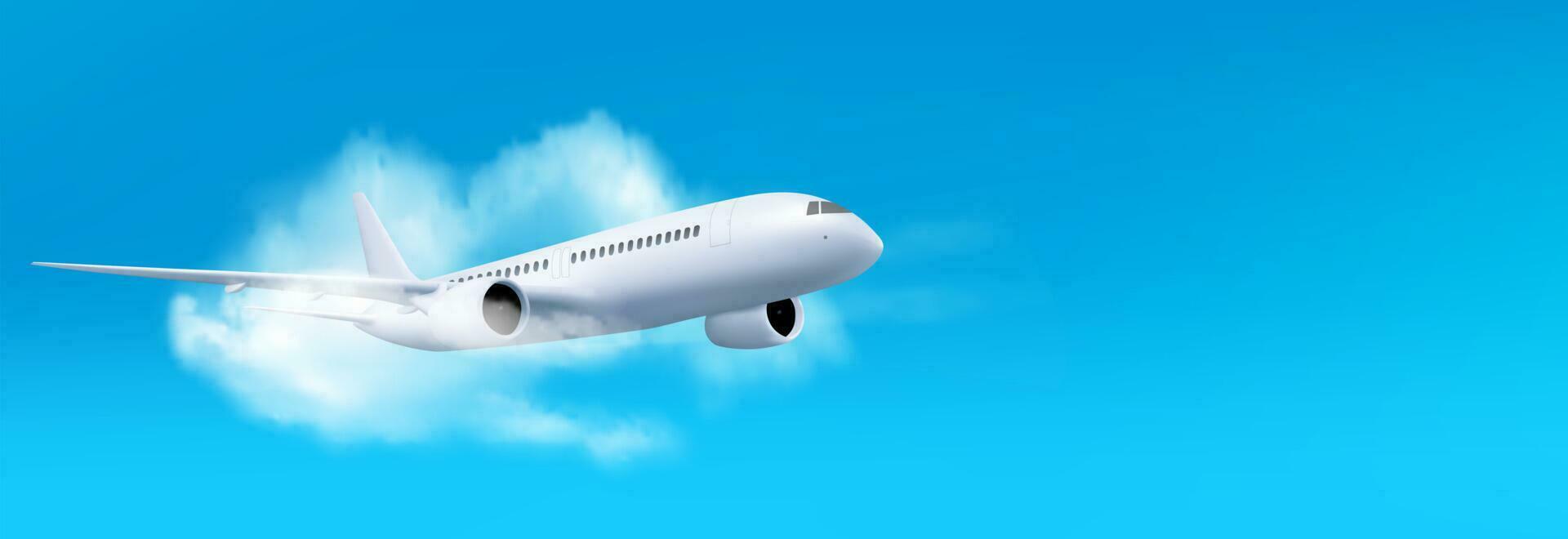 3d white airplane flying on blue sky landscape vector