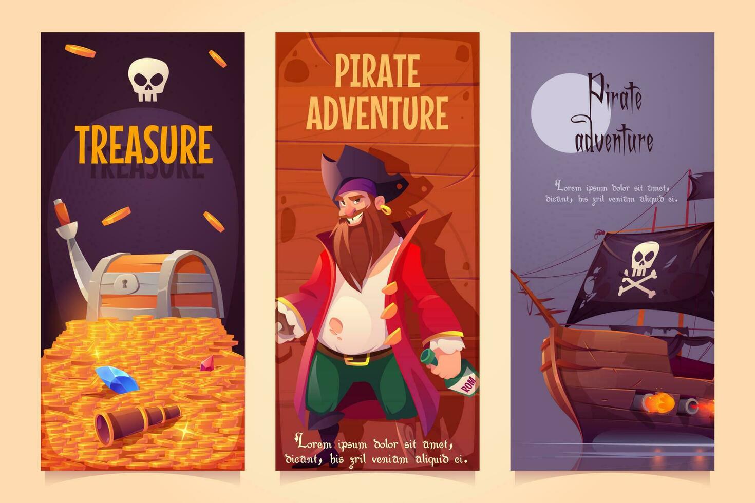 pirata aventuras vertical pancartas o carteles conjunto vector