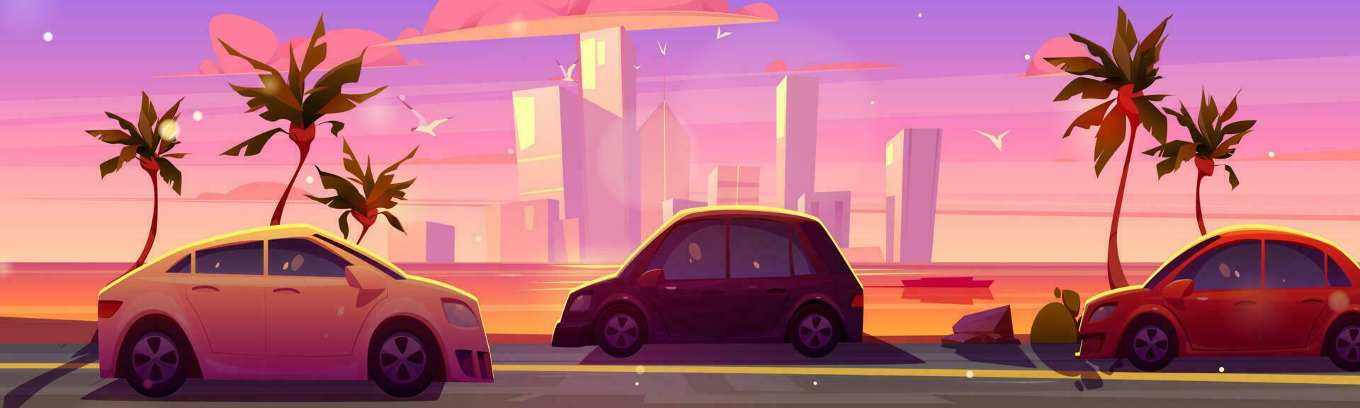 Car drive on sea road, skyscrapper sunset view vector