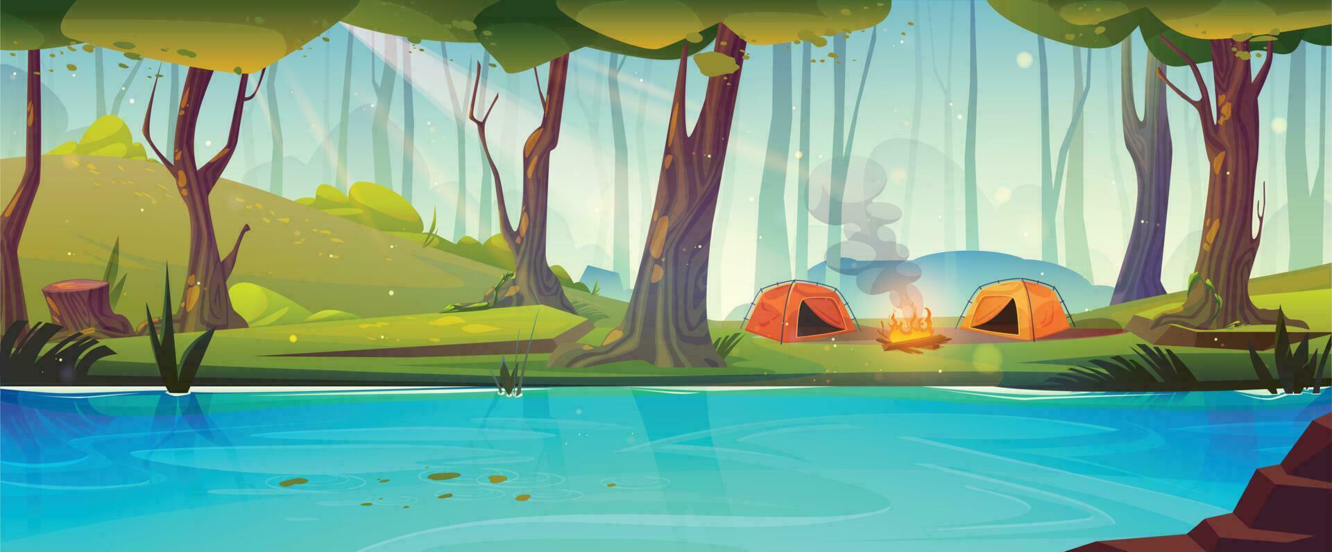 Campsite in forest near river cartoon landscape vector