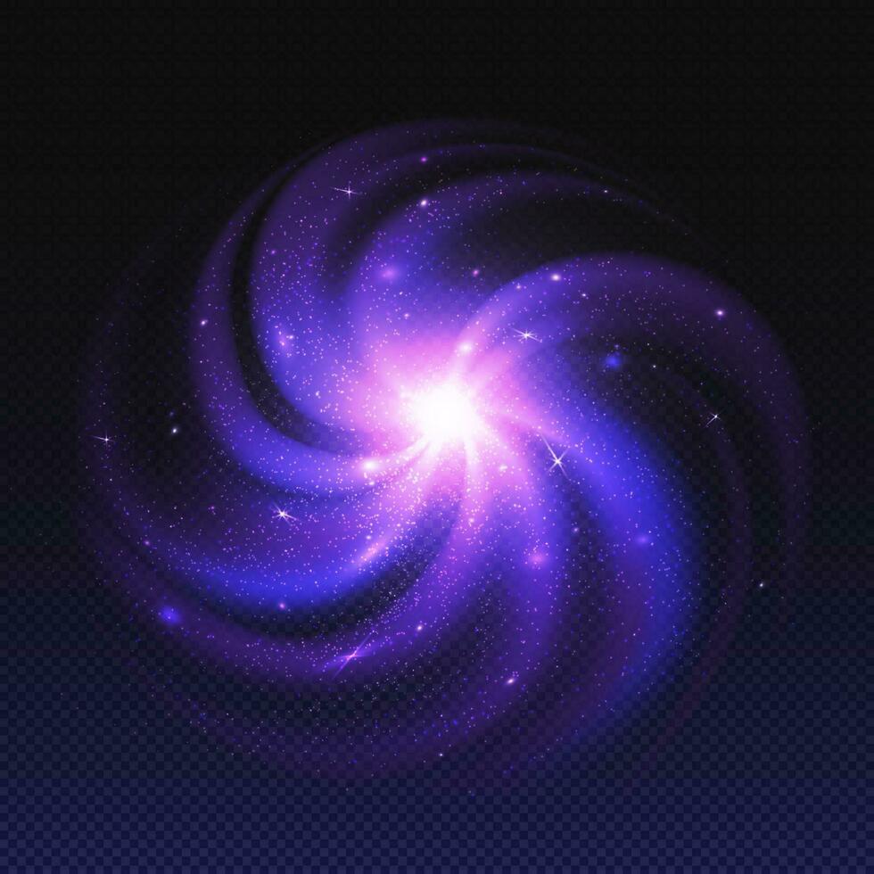 Purple nebula, spiral galaxy with glowing stars vector