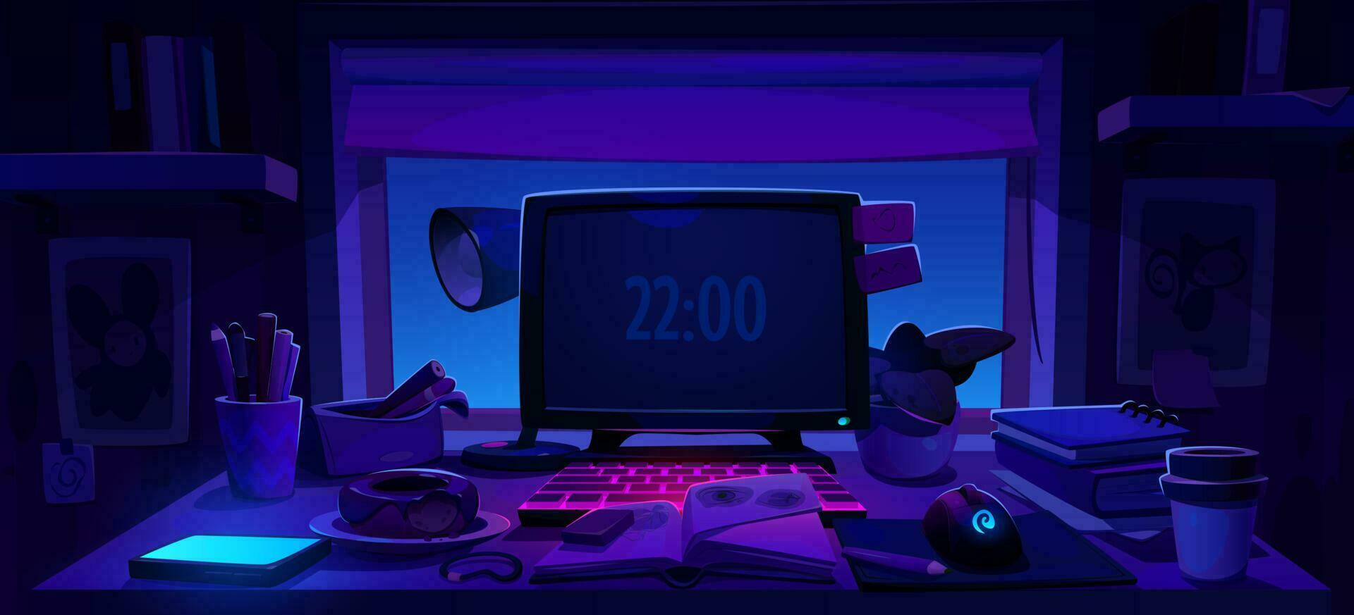 Home office workplace desk near window at night vector