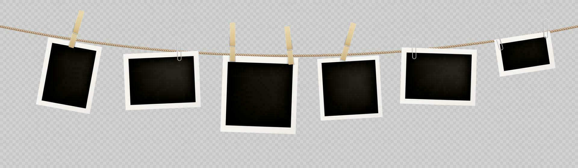 Realistic set of instant photos hanging on rope vector