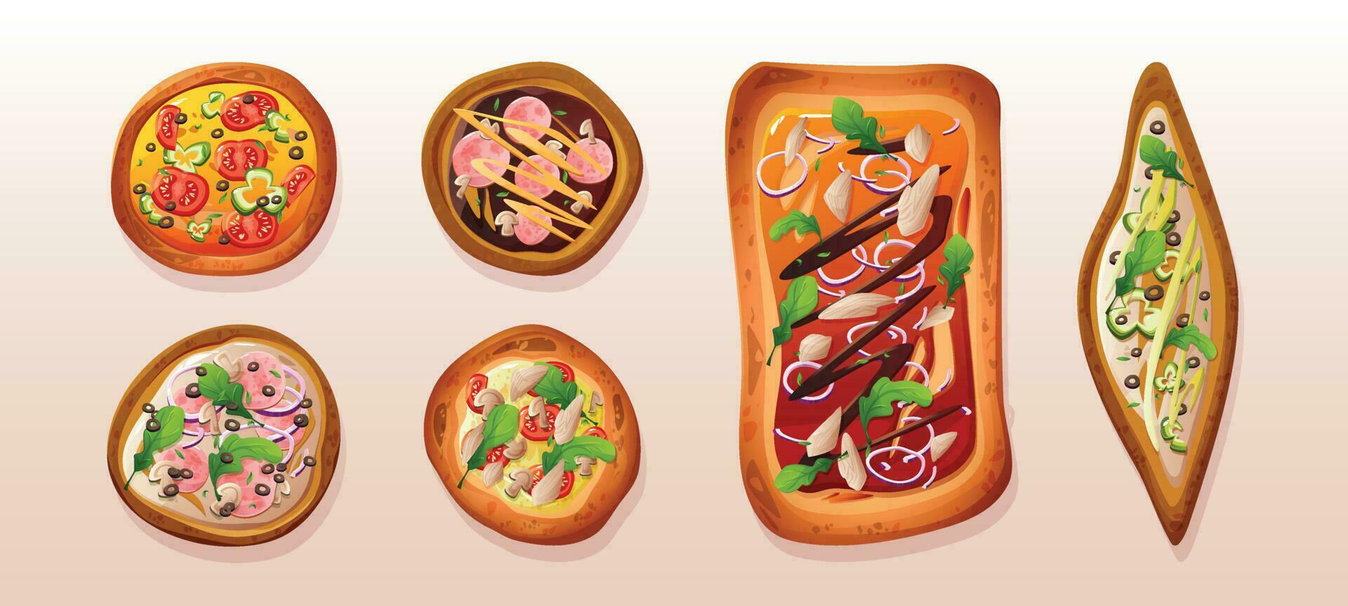 Isolated pizza top view vector illustration set