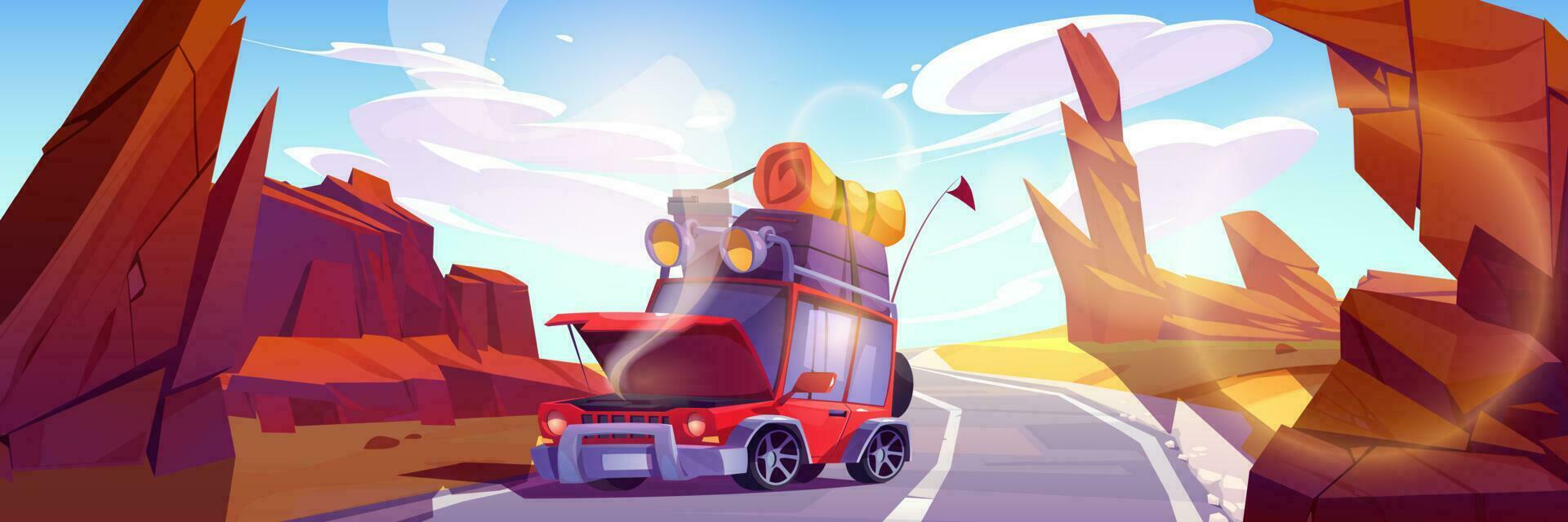 Broken car at desert roadtrip with baggage on roof vector