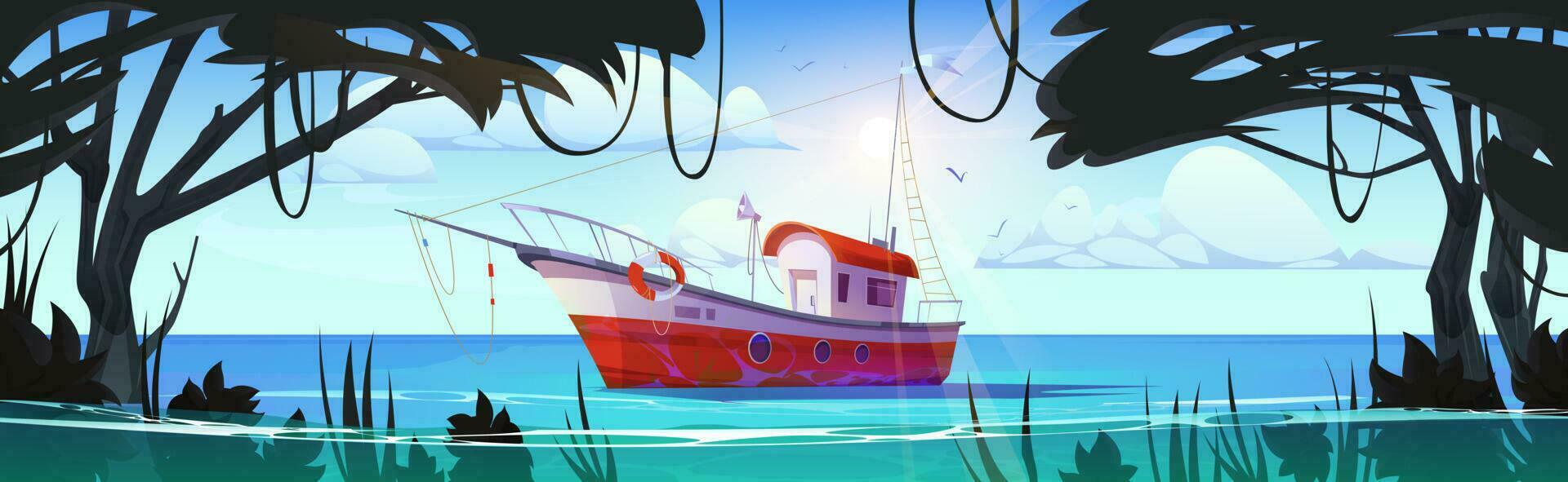 Cartoon jungle pond water with fishing boat vector