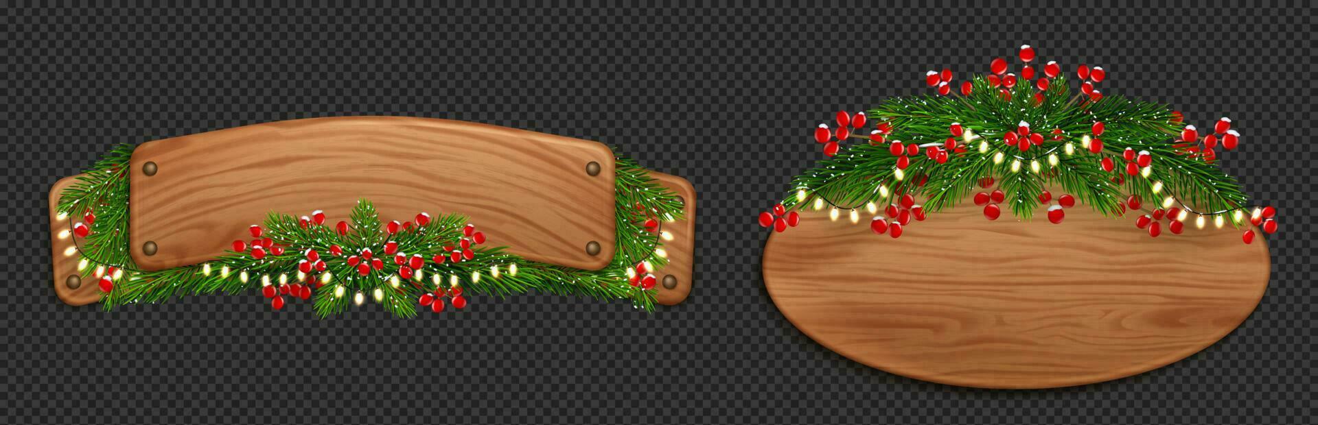 Christmas wood sign board with fir and red berries vector