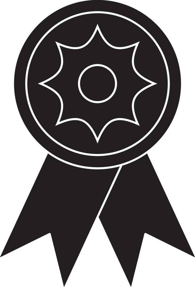 Black and White badge with ribbon. Glyph icon or symbol. vector