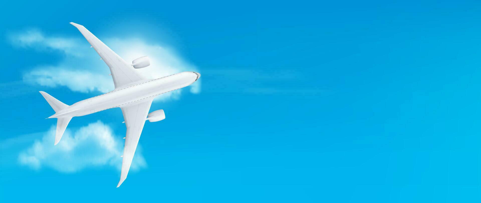 Realistic 3D plane flying on blue sky background vector