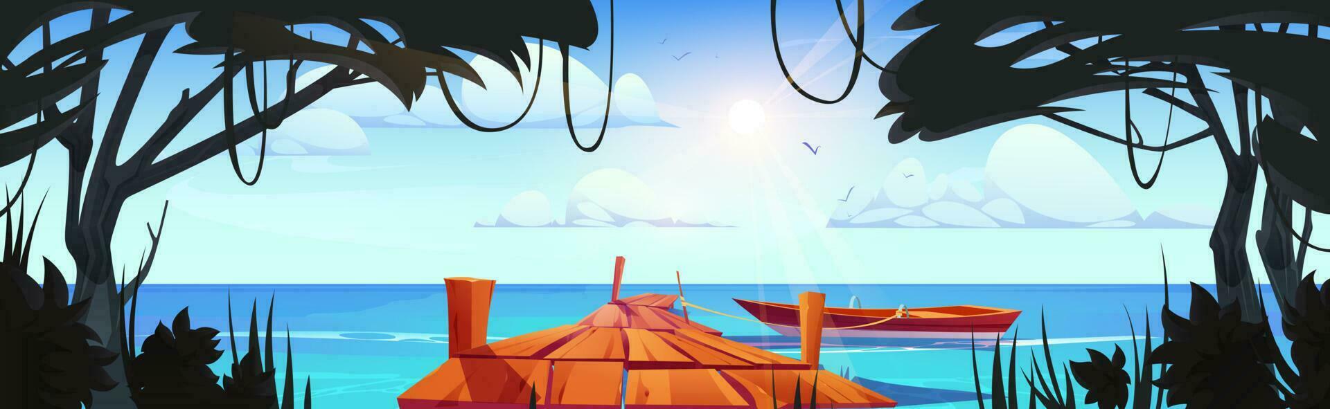 Wooden pier in jungle forest with boat vector