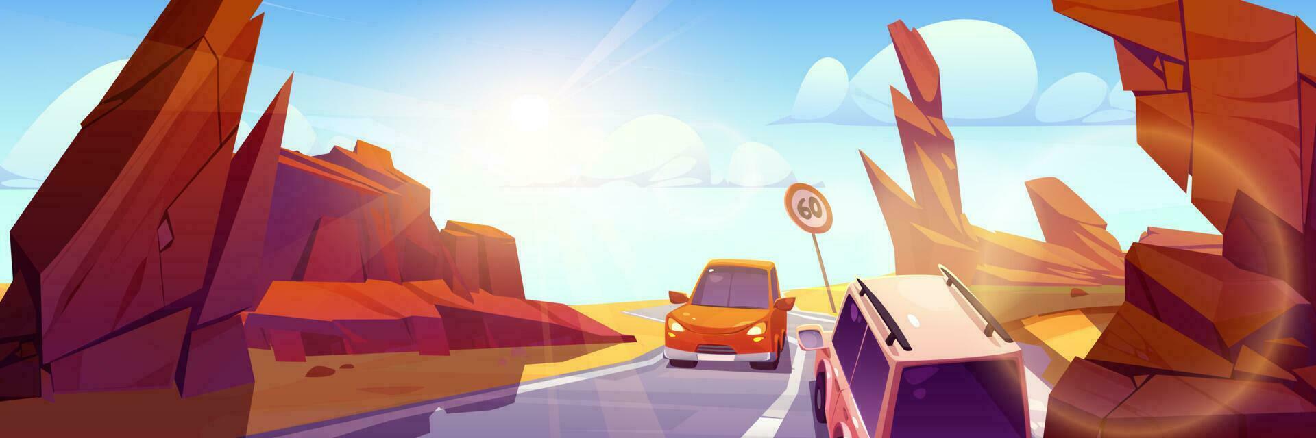 Night car road traffic in canyon illustration vector