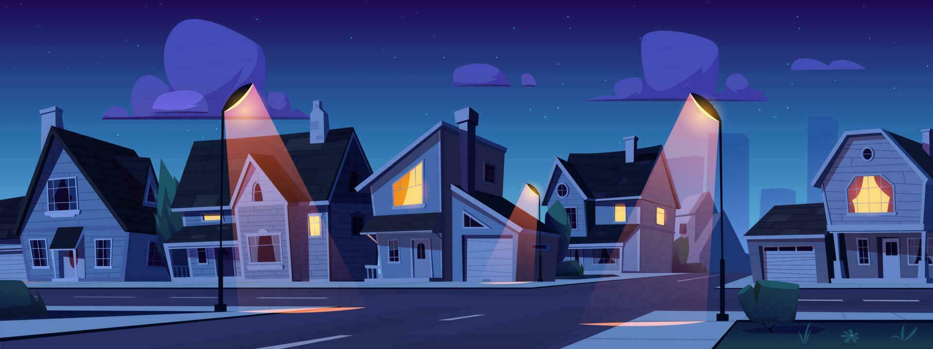 dibujos animados suburbano pueblo calle a noche vector