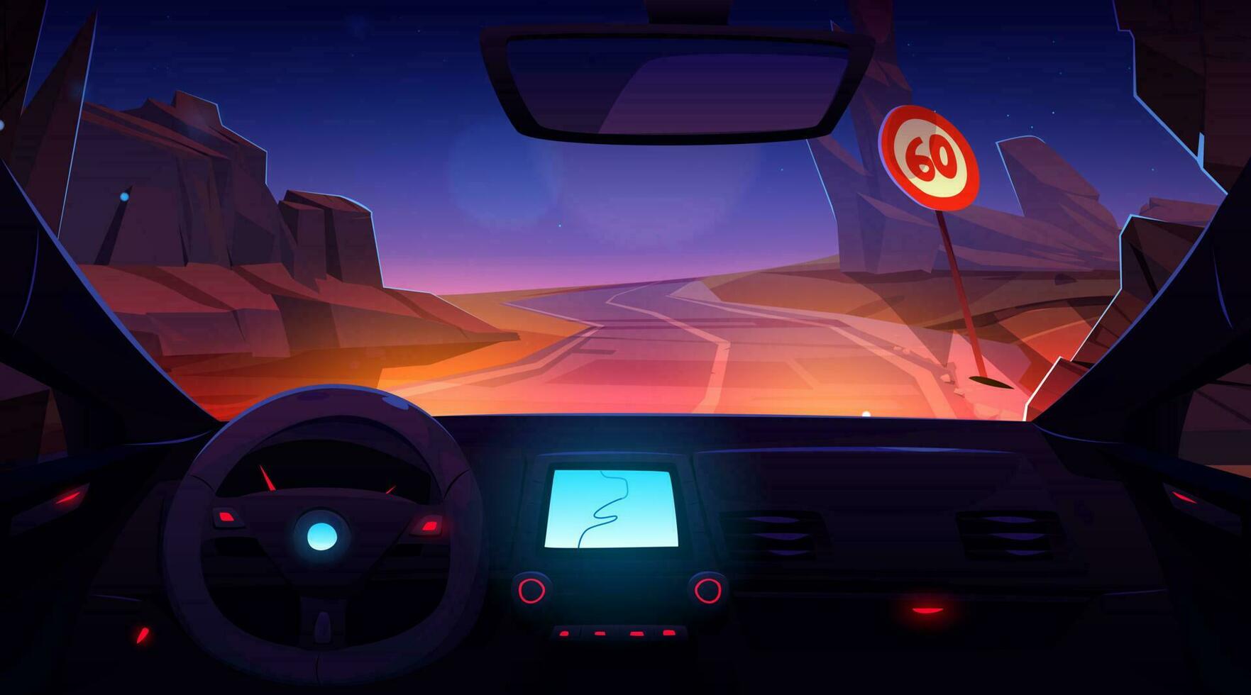 Night rocky mountain road car drive inside view vector