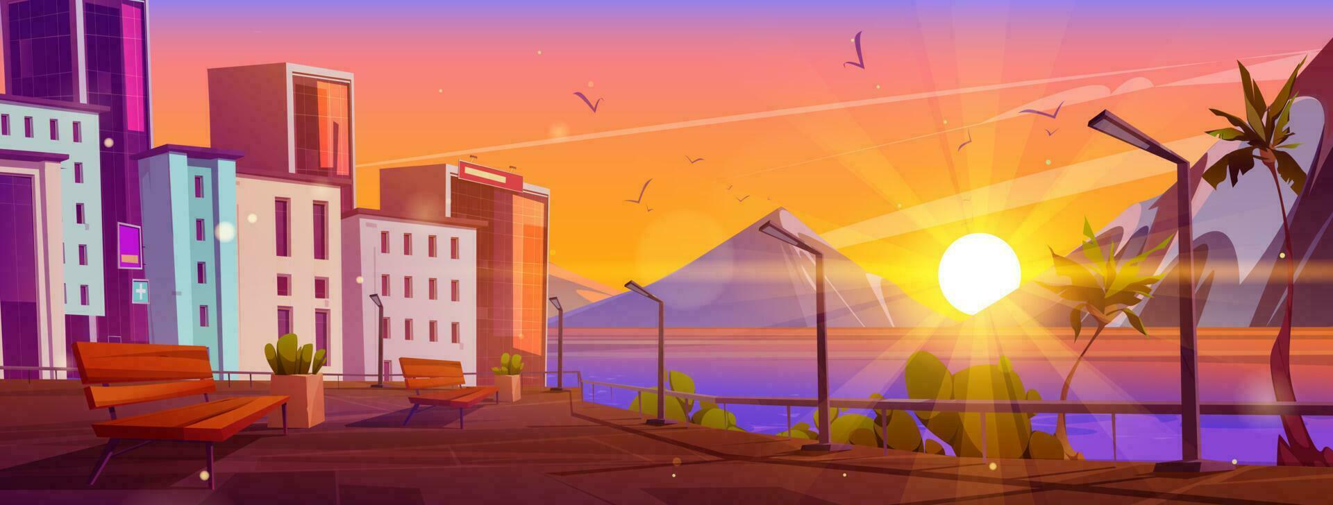 Empty tropical urban embankment, sunset skyline vector