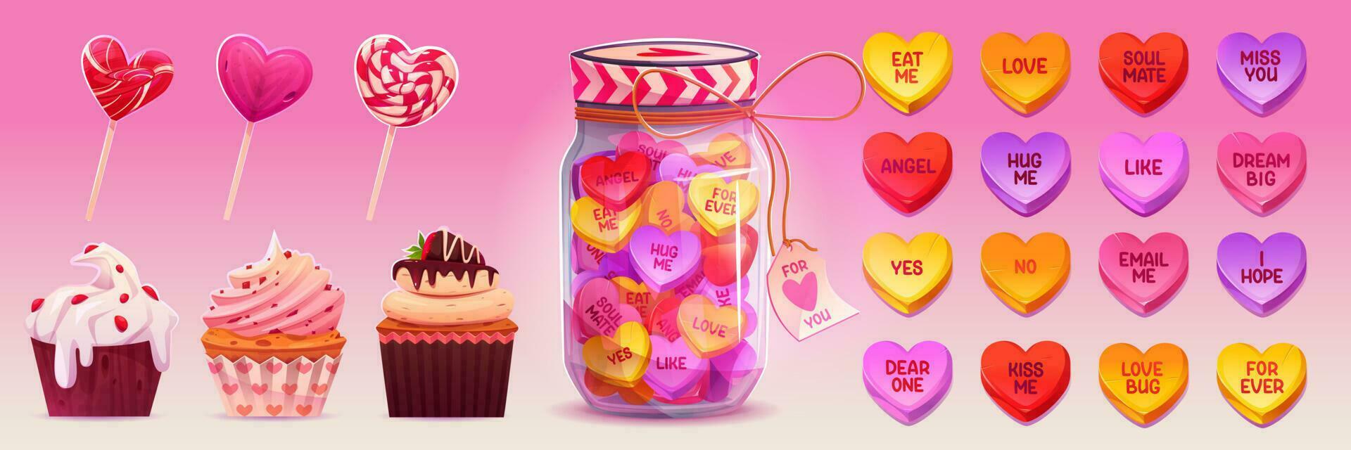Colorful conversation candies, lollipops, muffins vector
