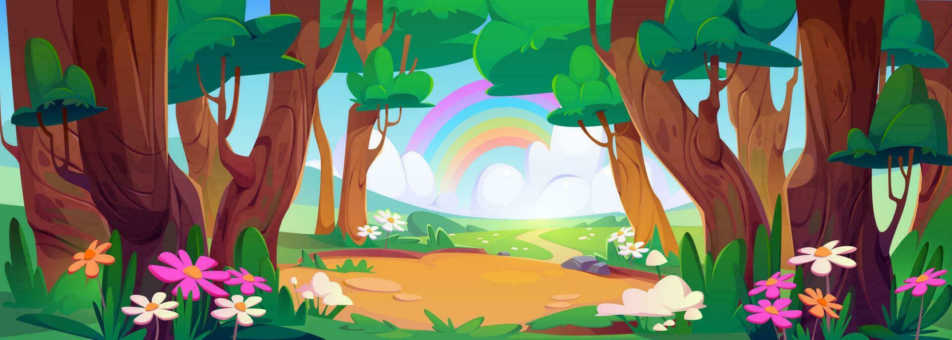 Flower field in spring rainbow forest landscape vector