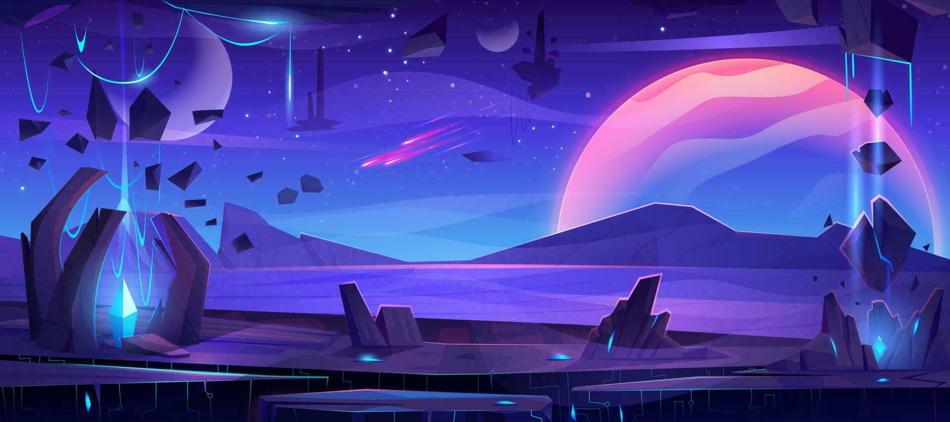 Cartoon alien planet landscape with neon crystals vector