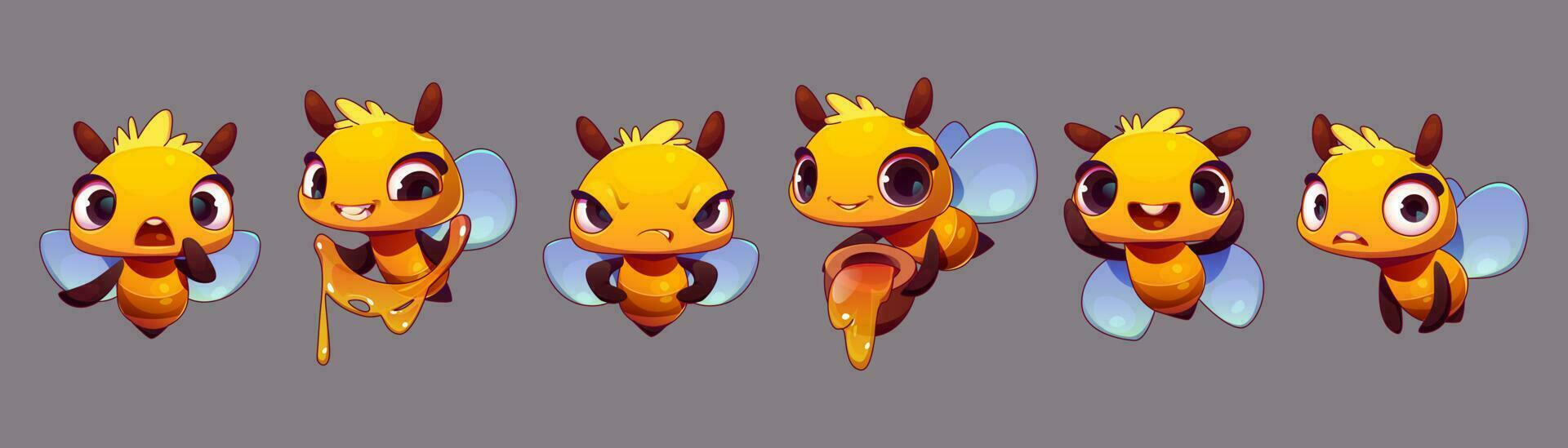 linda abeja emoción mascota, dibujos animados contento personaje vector