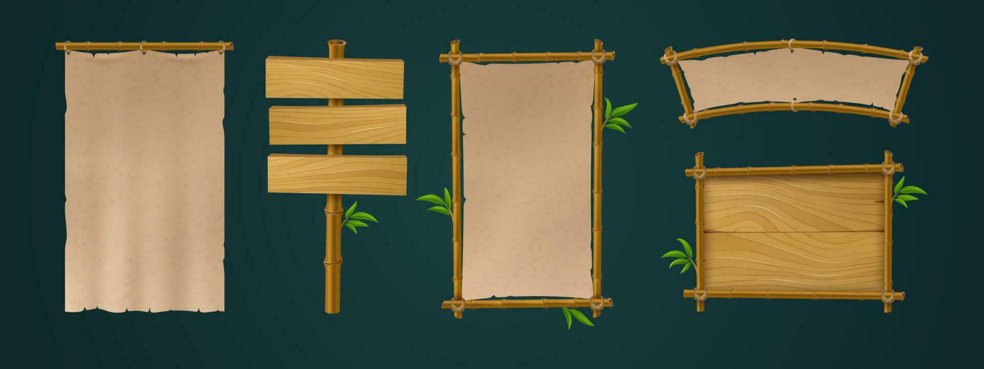 Signboards of bamboo frames, wooden planks, paper vector