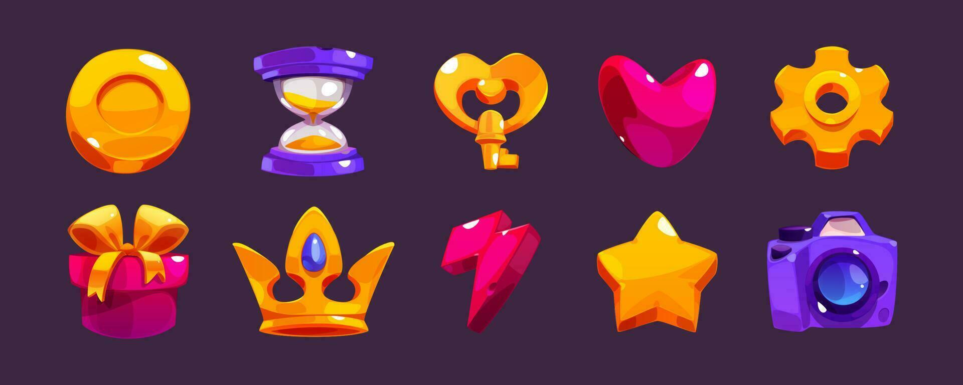 Cartoon game interface icon with crown and key ui vector