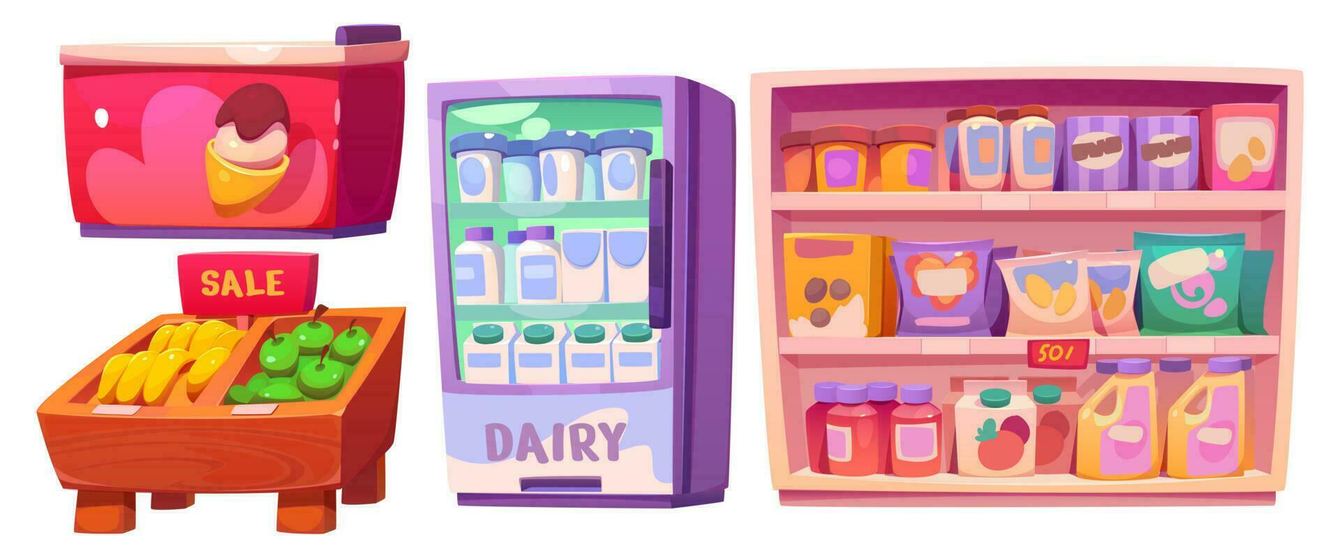 Grocery store shelf interior vector cartoon set