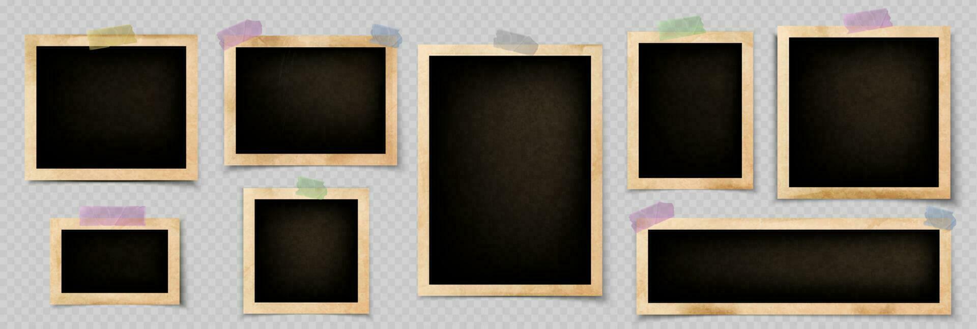Realistic old photos attached with sticky tape vector