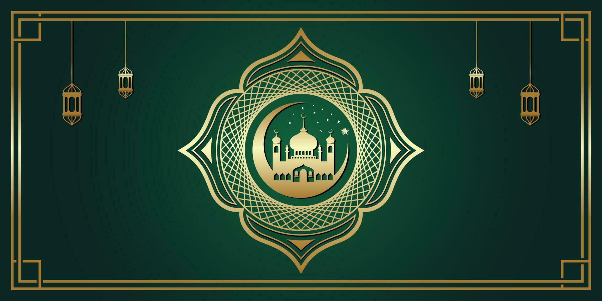 Ramadhan Kareem designs the Islamic crescent moon and mosque silhouette dome with a frame pattern. Premium Vector