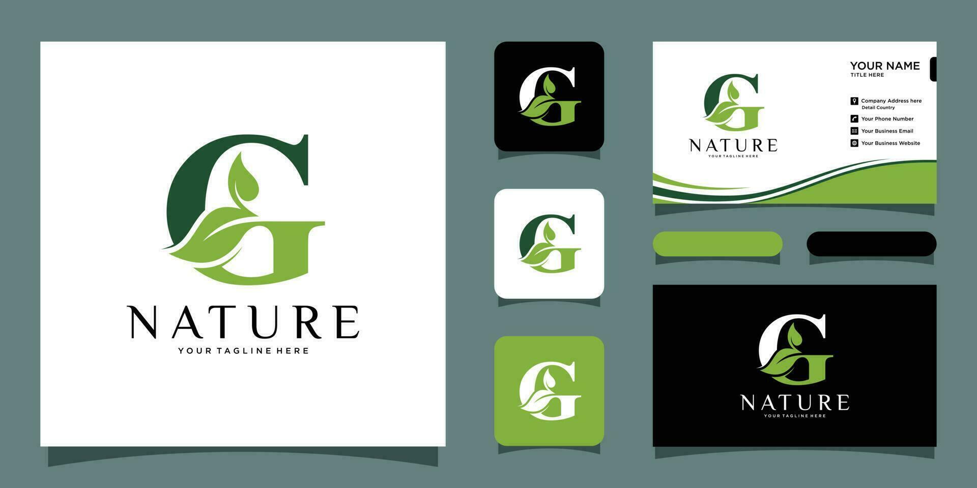 Initial letter G with leaf luxury logo. green leaf logo with business card design Premium Vector