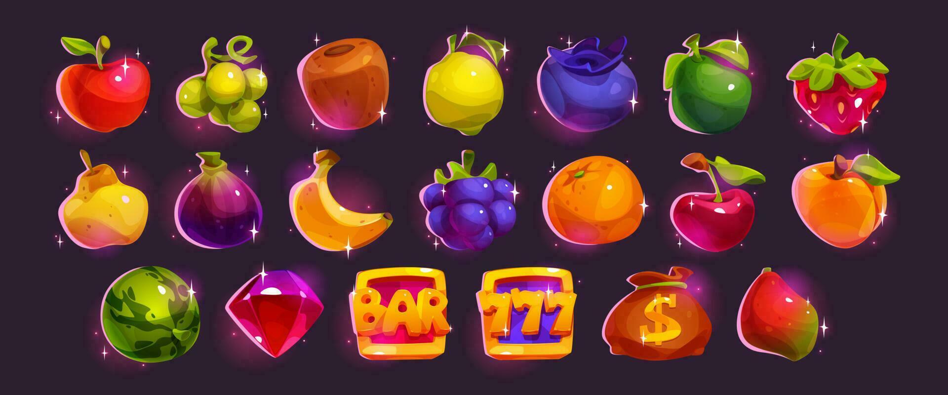 Casino slot machine match game fruit ui icon set vector