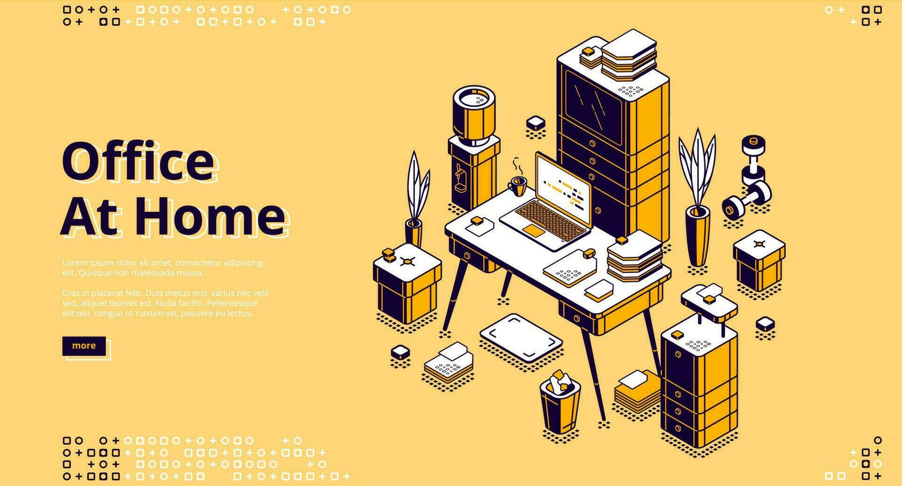 Office at home, workplace isometric landing page vector