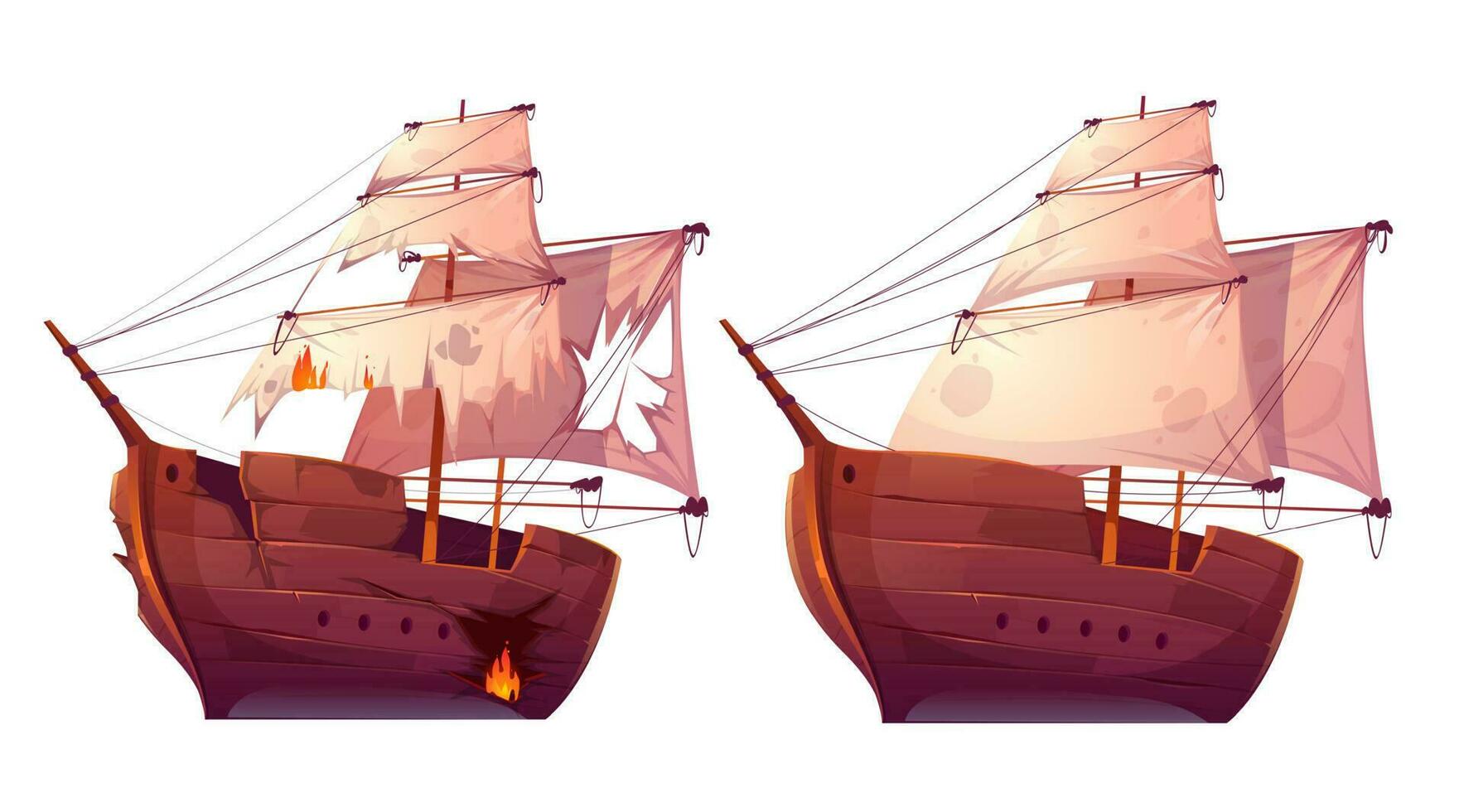 Retro wooden ships with white sail cartoon vector