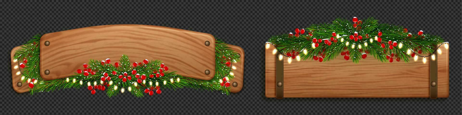 Realistic wooden nameplates with Christmas wreath vector