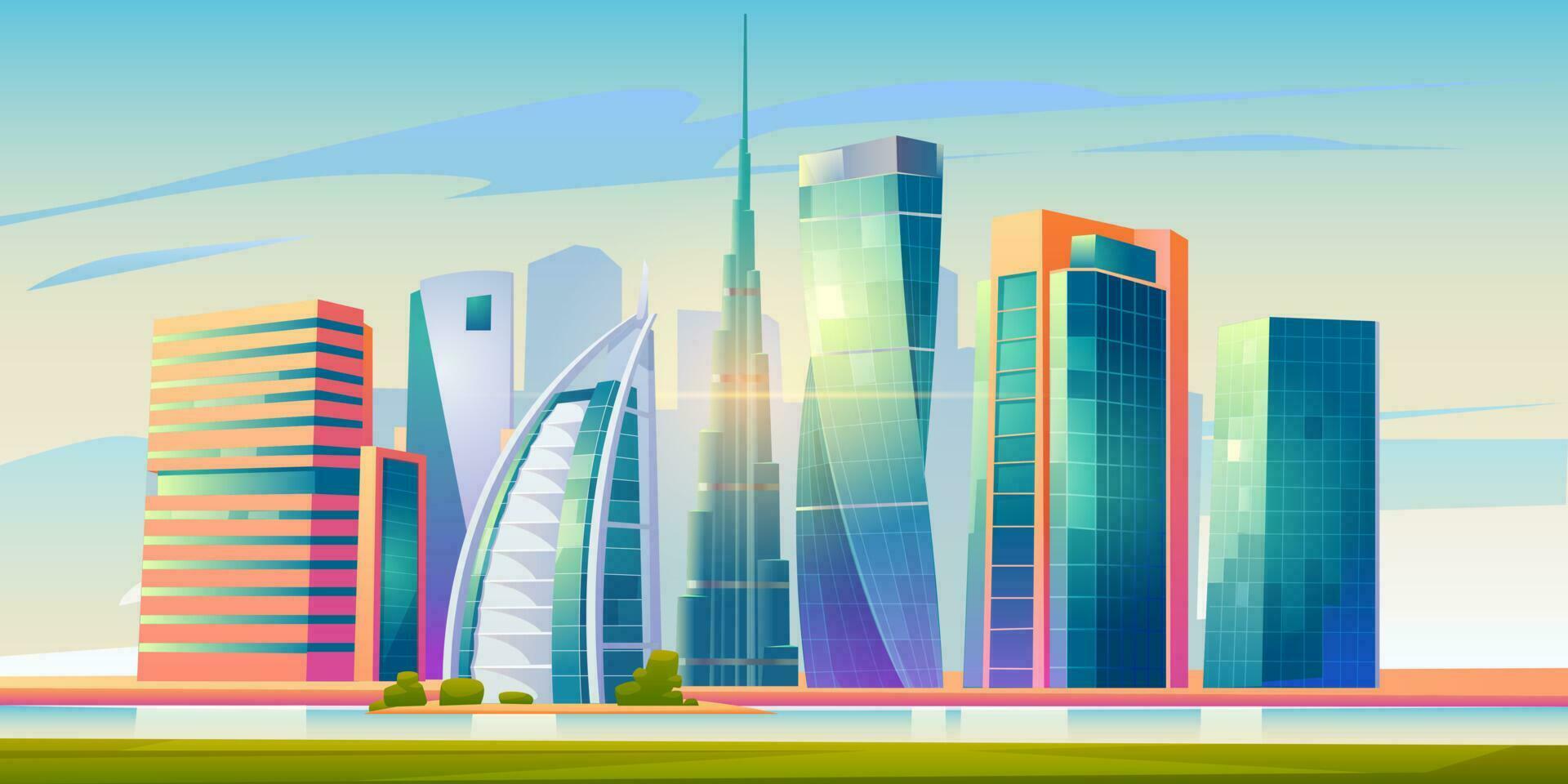 Dubai, UAE skyline with world famous buildings vector