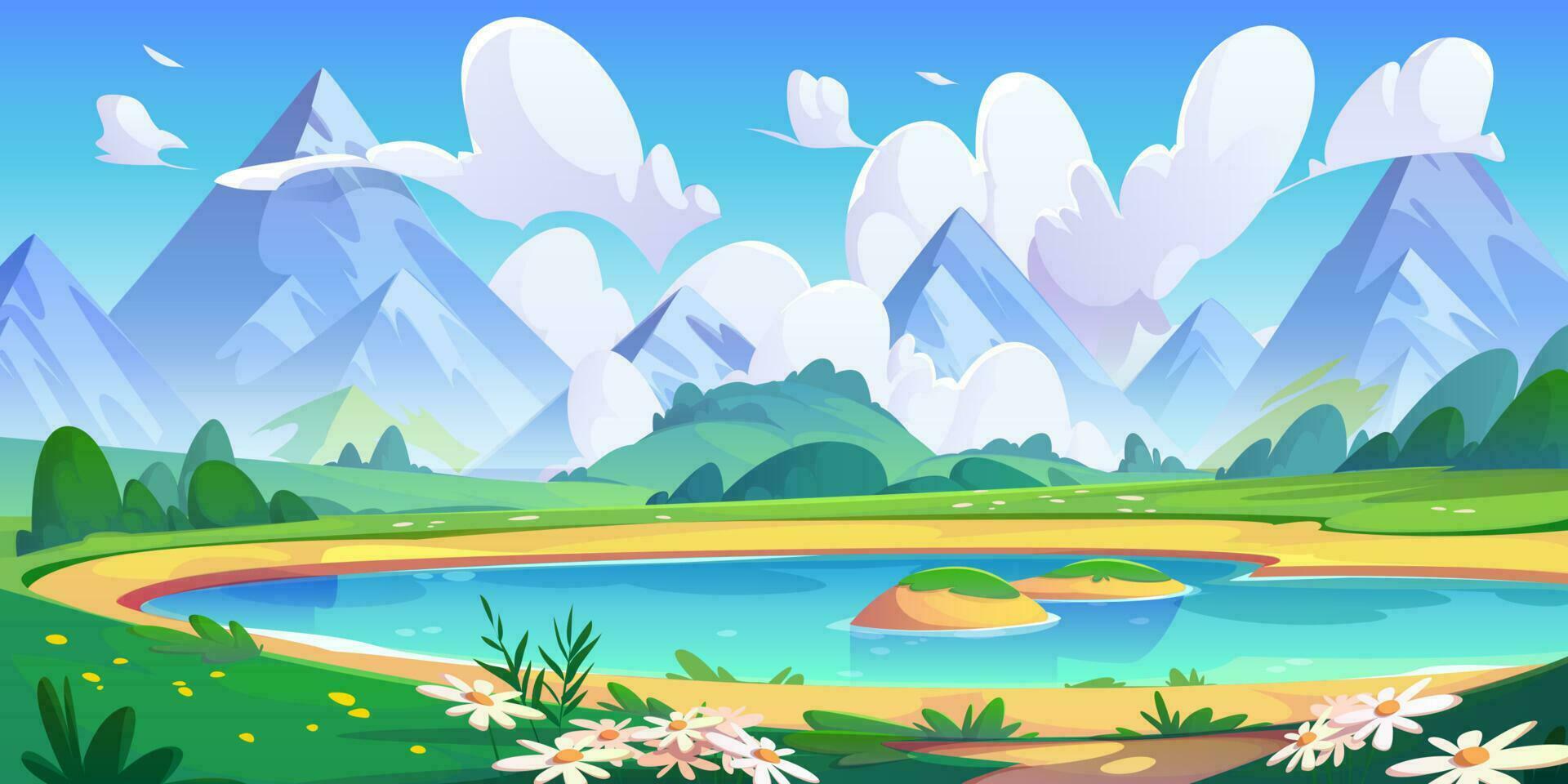 Lake and spring flower field mountain landscape vector