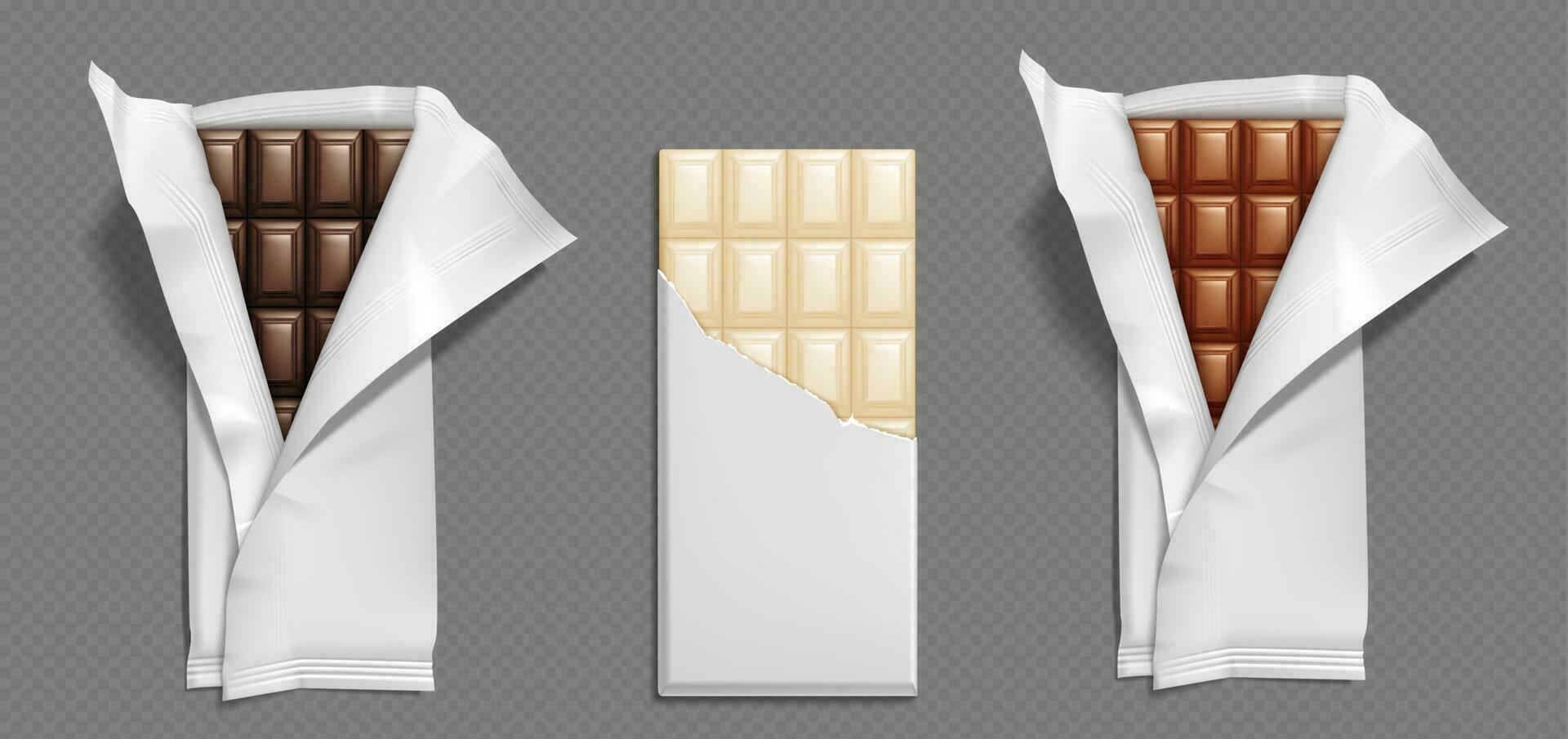 Realistic dark, milk and white chocolate bars vector
