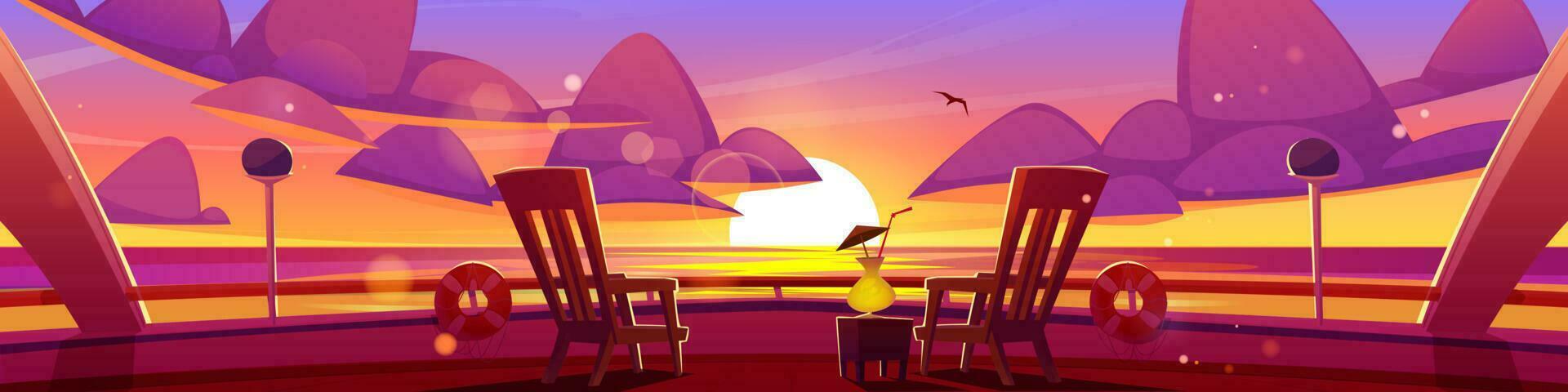 Sunset sea view from cruise ship deck cartoon vector