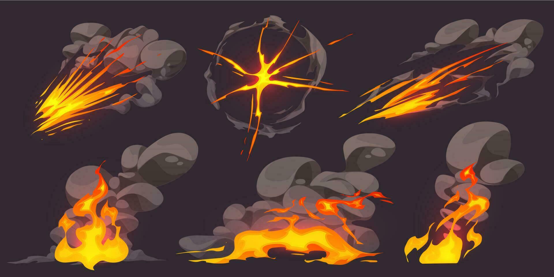 dibujos animados fuego juego efecto con fumar nube vector