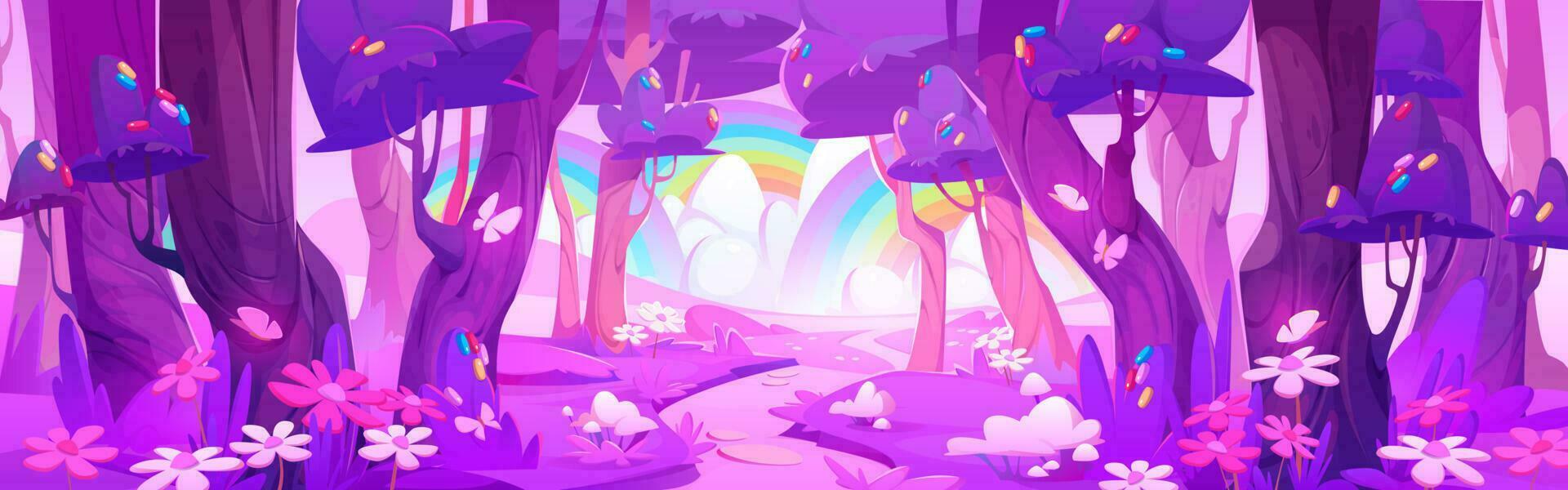 Pink magic forest with rainbow cartoon landscape vector