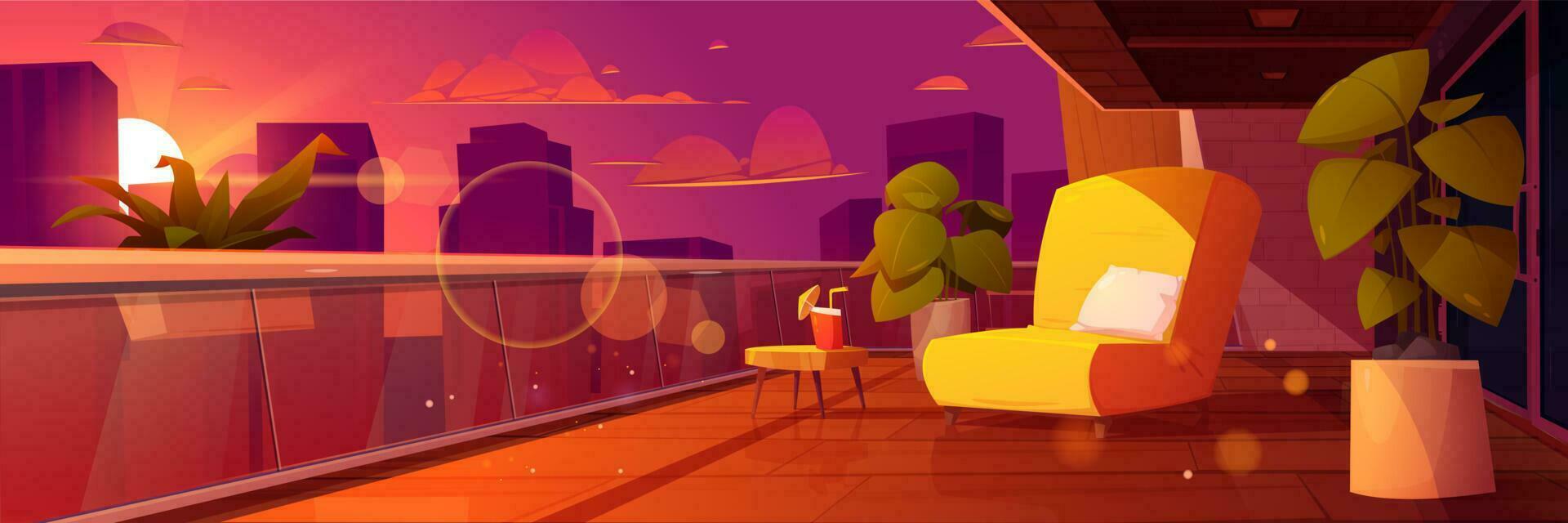 dibujos animados Departamento balcón con ciudad puesta de sol ver vector