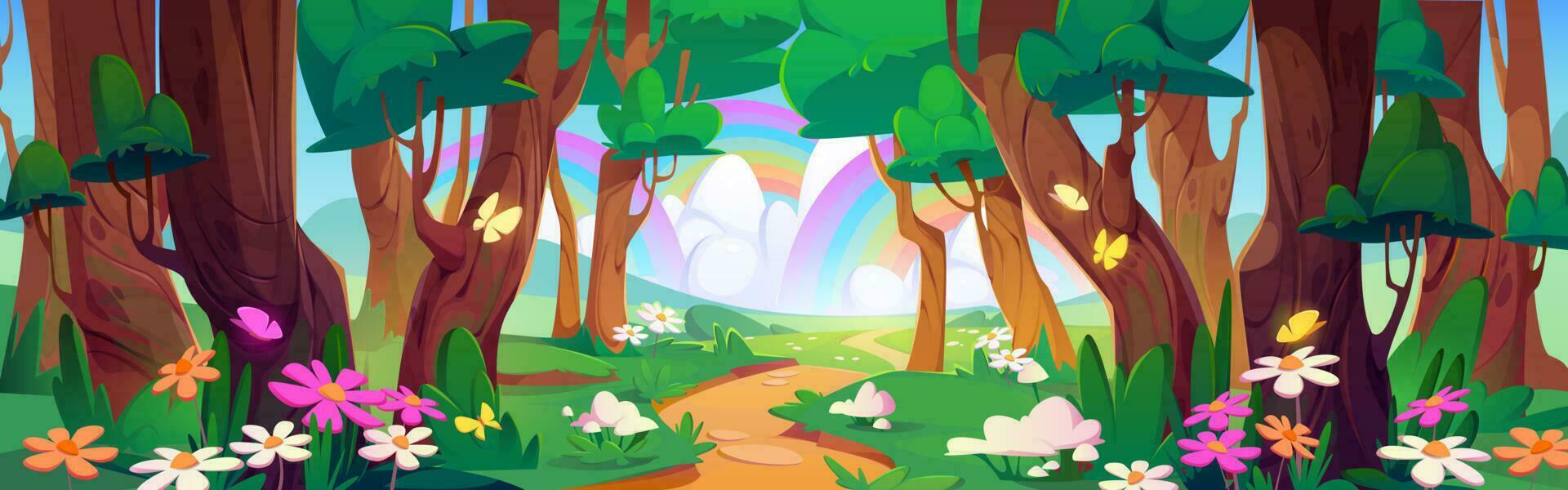 primavera paisaje de bosque con arboles y flores vector